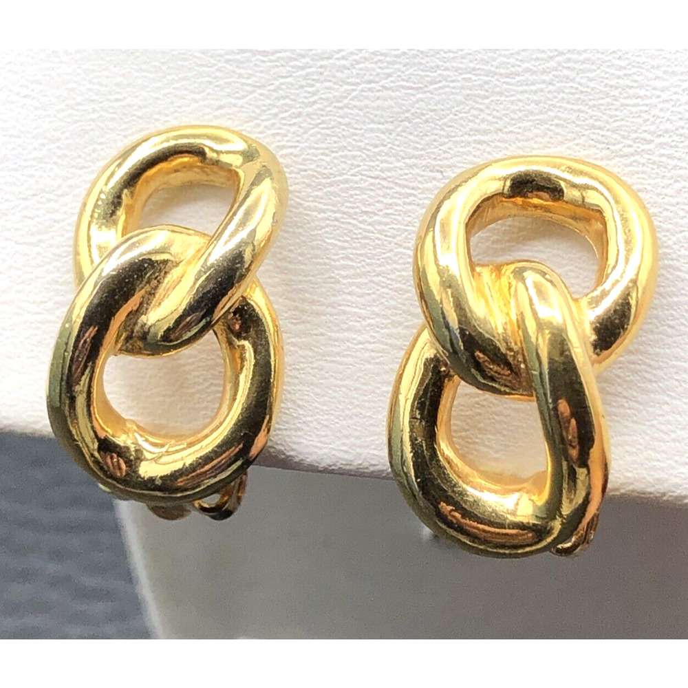Vintage David Hill Earrings Double Link‎ 1980s Gold Tone Clip On Half Hoop